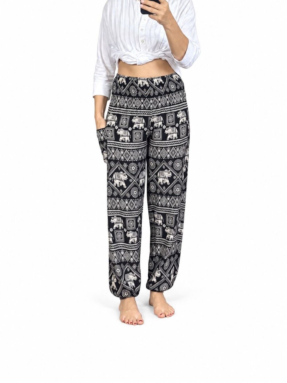 Mexicali Blues Elephant Print Harem Pants Black Boho Made in Thailand